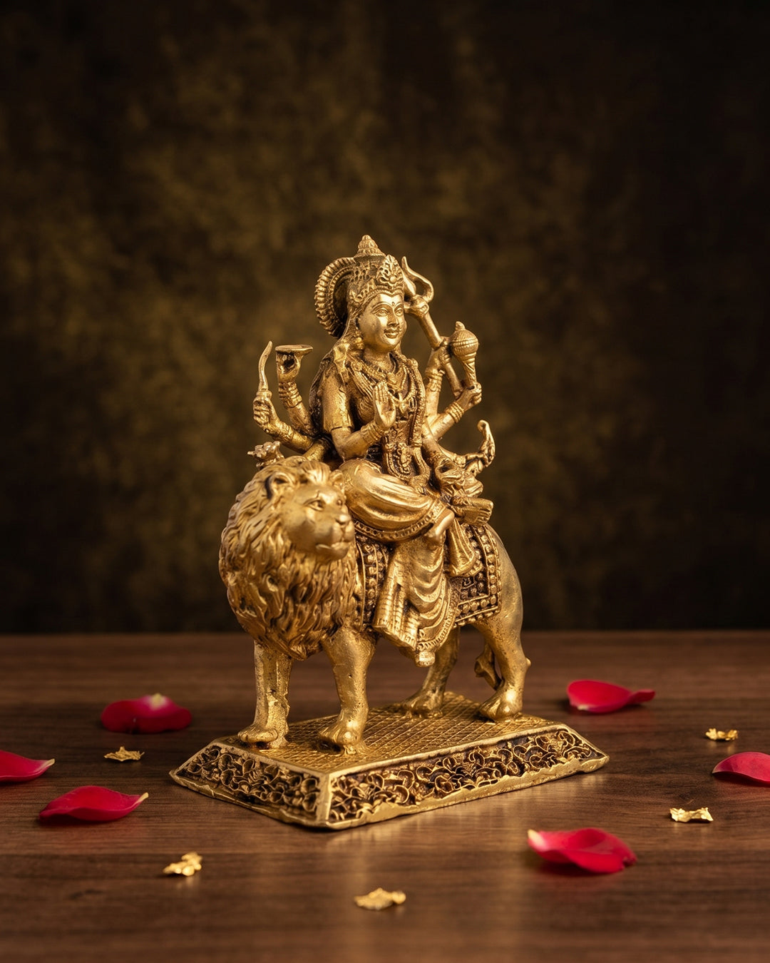 Durga Devi with Lion – Antique Gold Finish Brass Idol