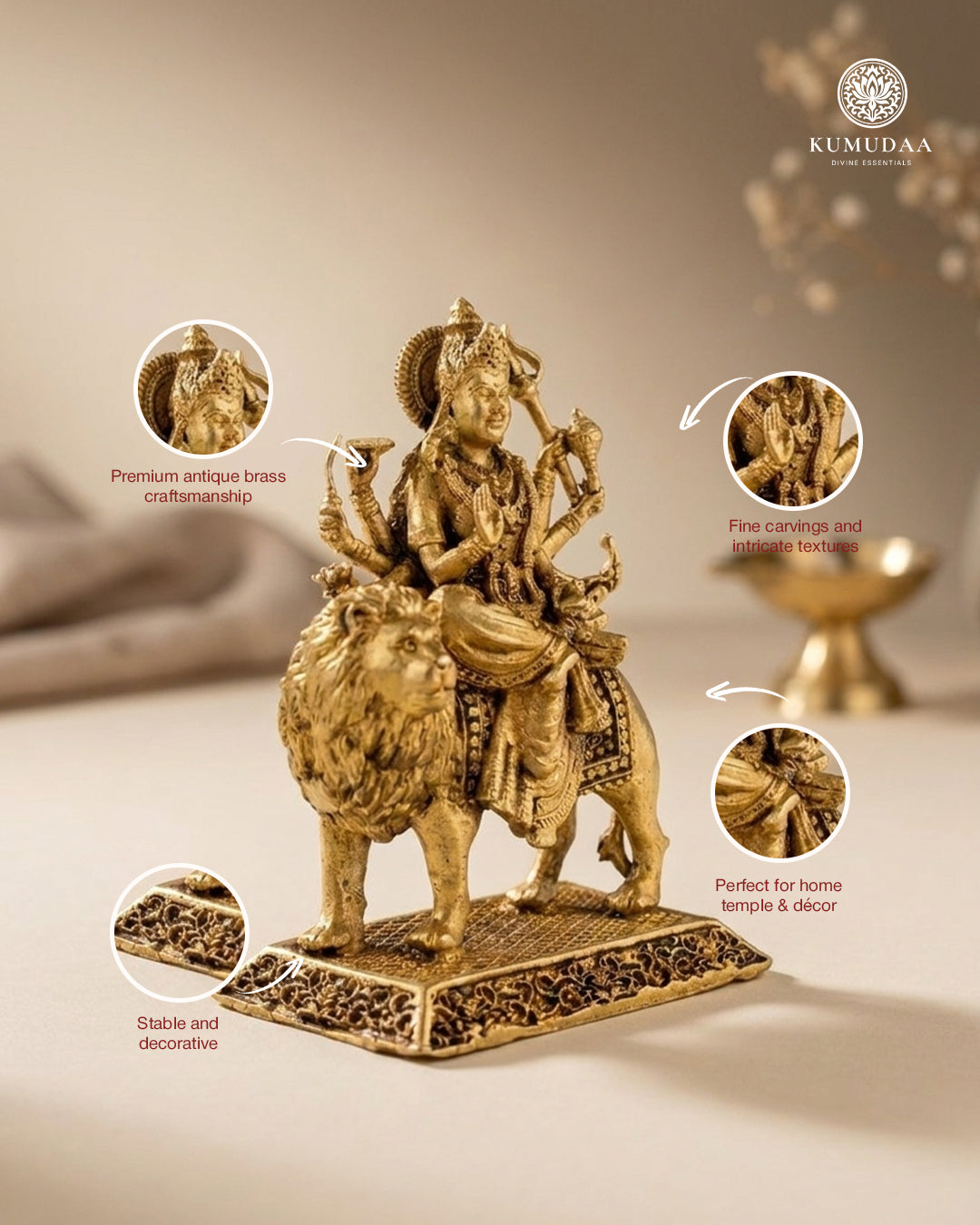 Durga Devi with Lion – Antique Gold Finish Brass Idol