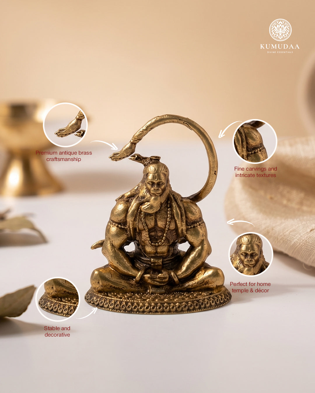 Anjaneya with Tail Up – 3D Finish Brass Idol (Small & Medium)