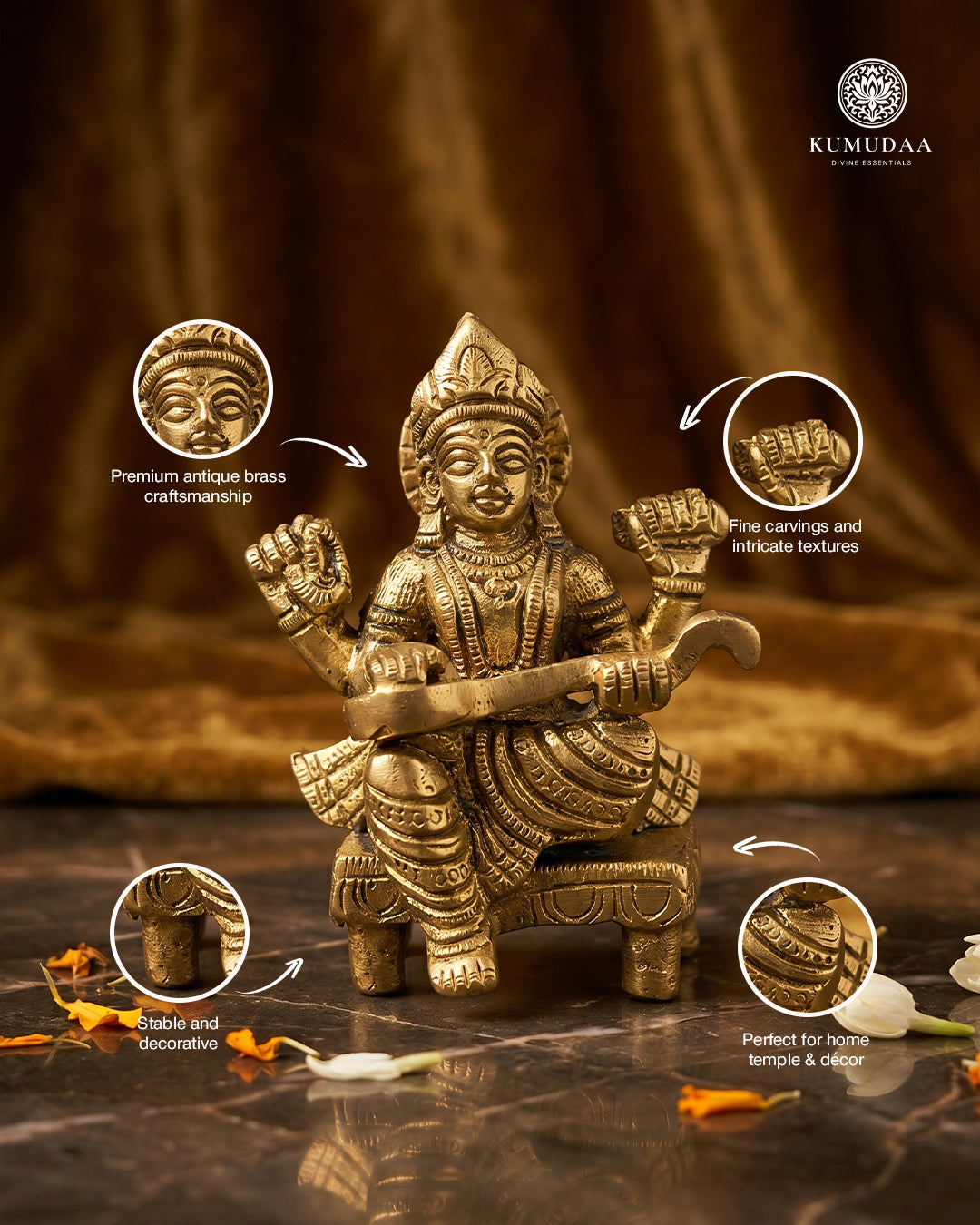 Saraswati Devi – Antique Gold Finish Brass Idol (3 inches)