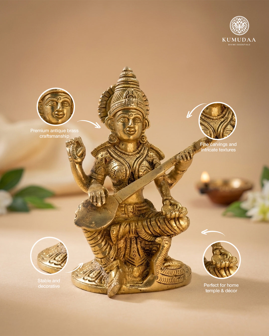 Saraswati Devi – Gold Finish Idol (6.5 Inches)