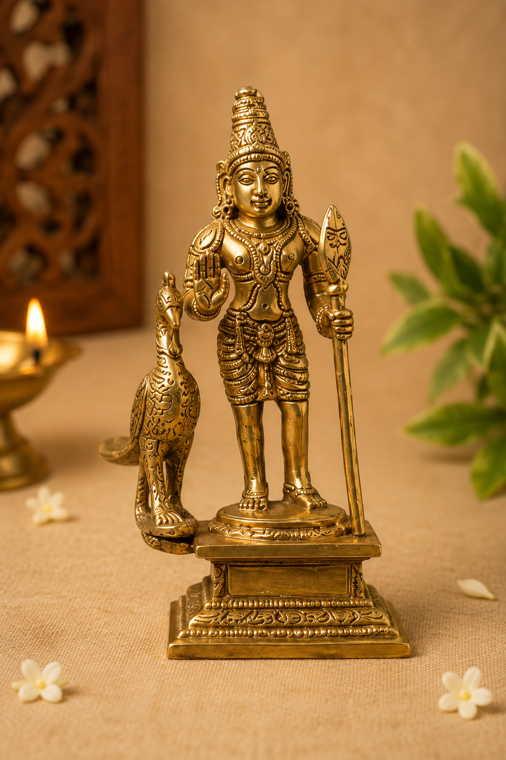 Lord Subramanya brass idol in gold finish, 4.5 inches tall