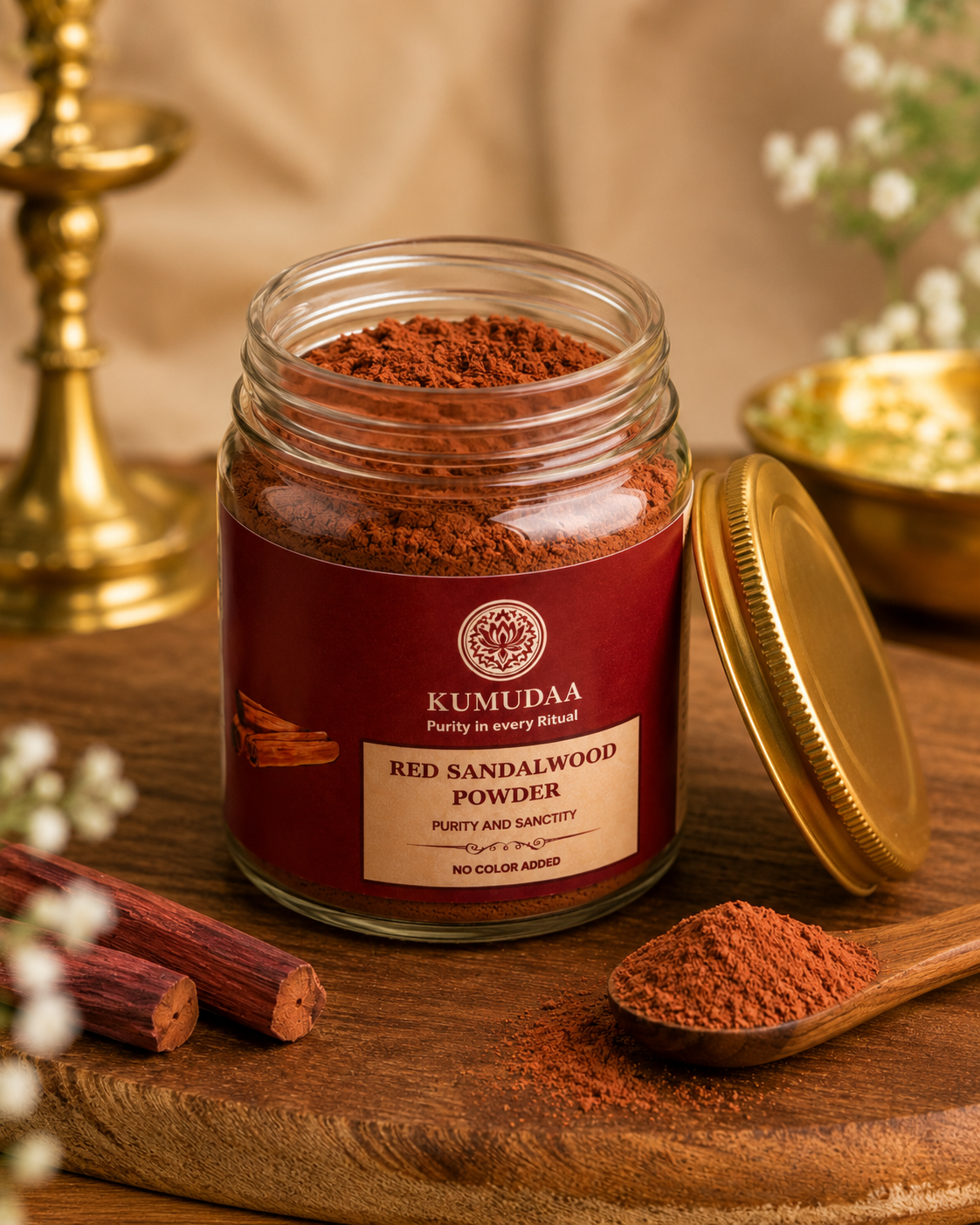 Kumudaa red sandalwood powder shown with the pack open