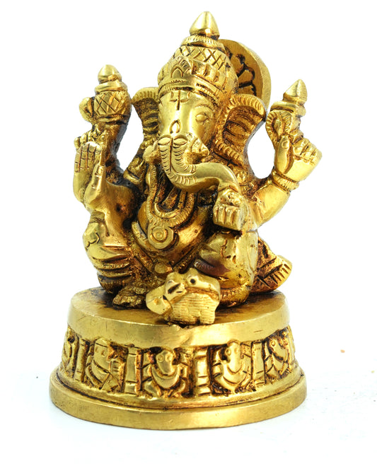 Ganesha Sitting on Base – 3 Inches Gold Finish Idol