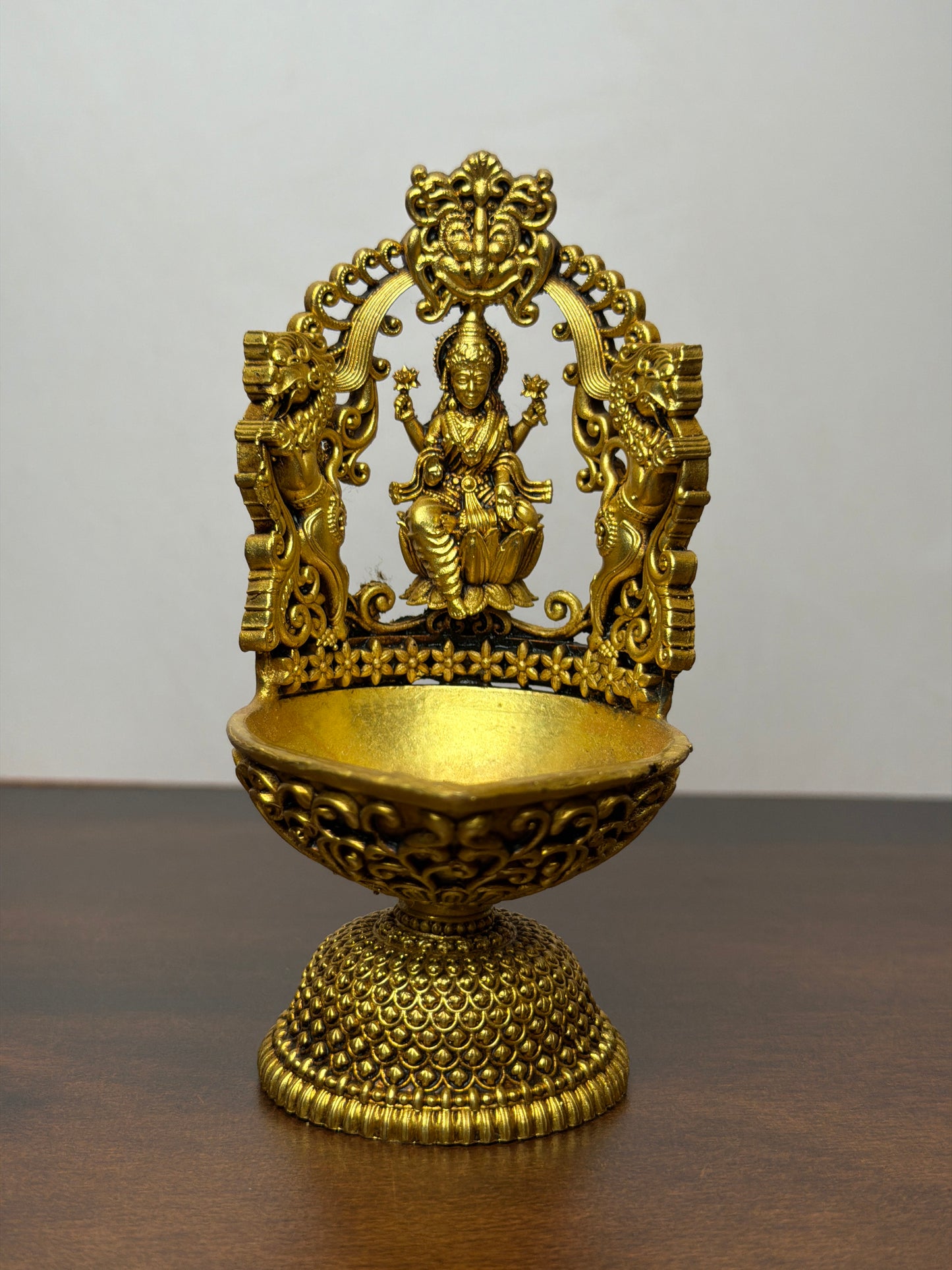 Brass Lakshmi Deepam – Ornate Pedestal Diya with Elephant Arch - 5 inches