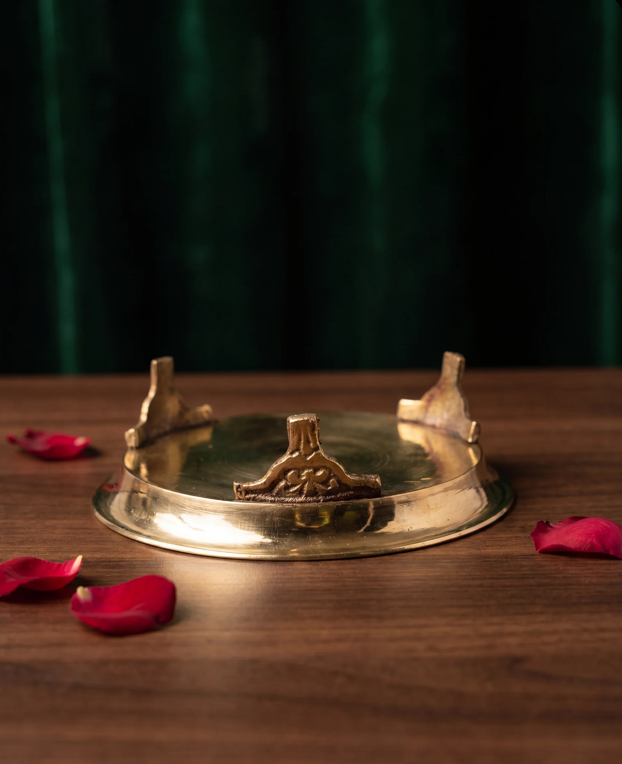 Handcrafted Brass Elevated Thali – Engraved Pooja Plate with Stand