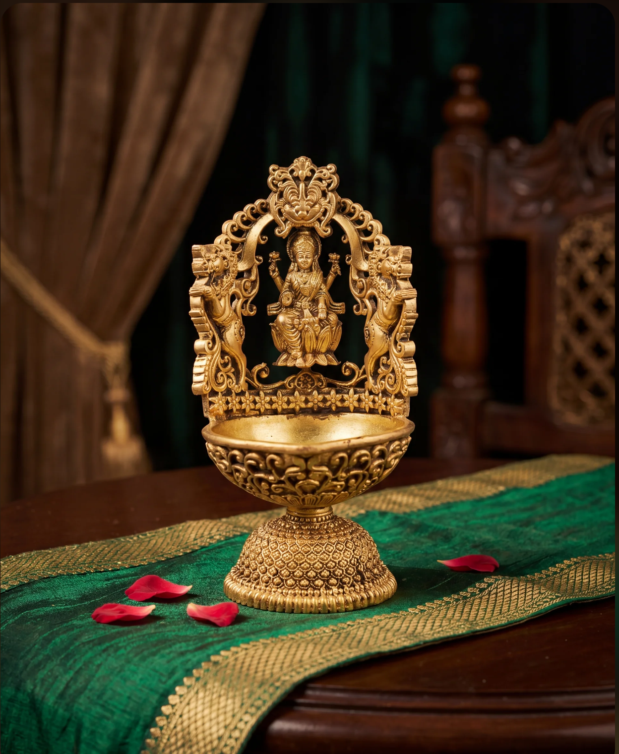 Brass Lakshmi Deepam – Ornate Pedestal Diya with Elephant Arch - 5 inches