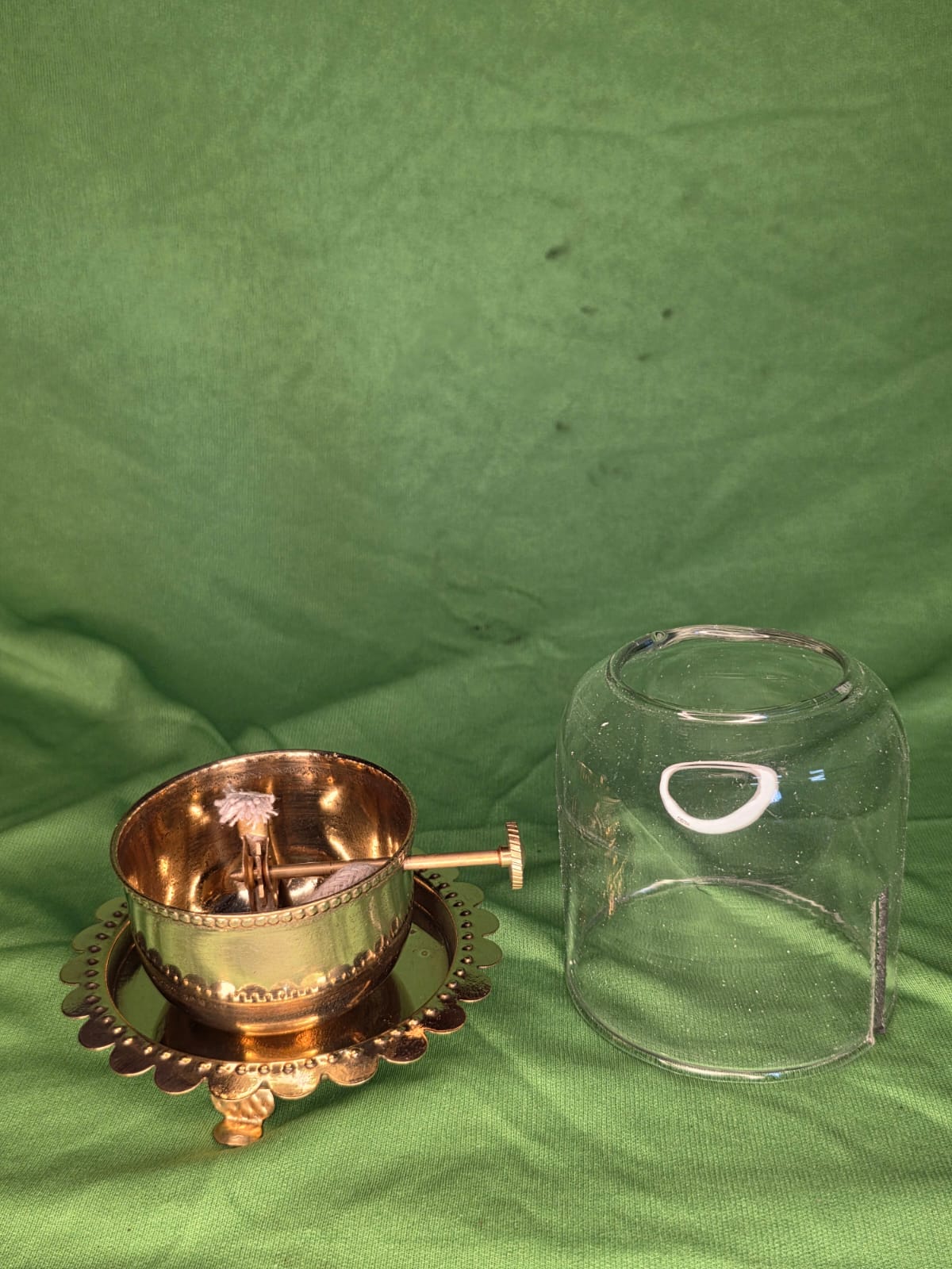 Medium sized brass akhand diya with glass cap