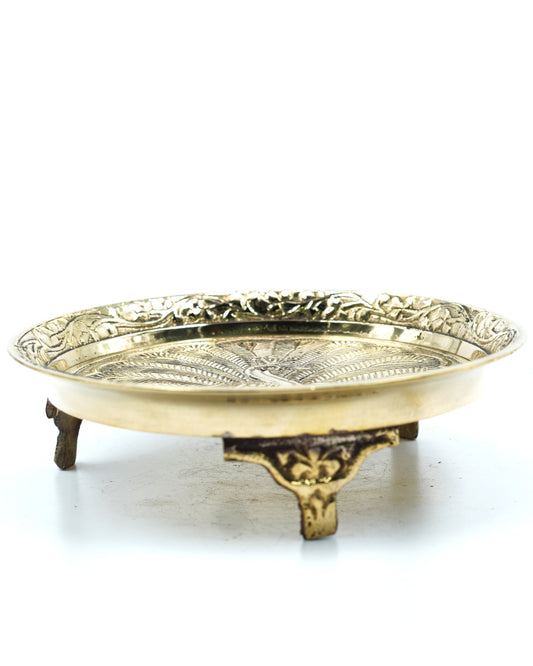 Handcrafted Brass Elevated Thali – Engraved Pooja Plate with Stand