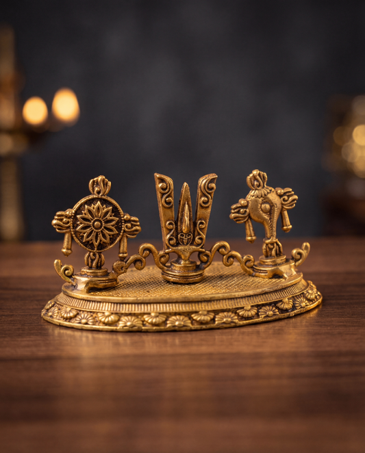Brass Shankh Chakra Tilak Stand (Vaishnav Symbol Set)