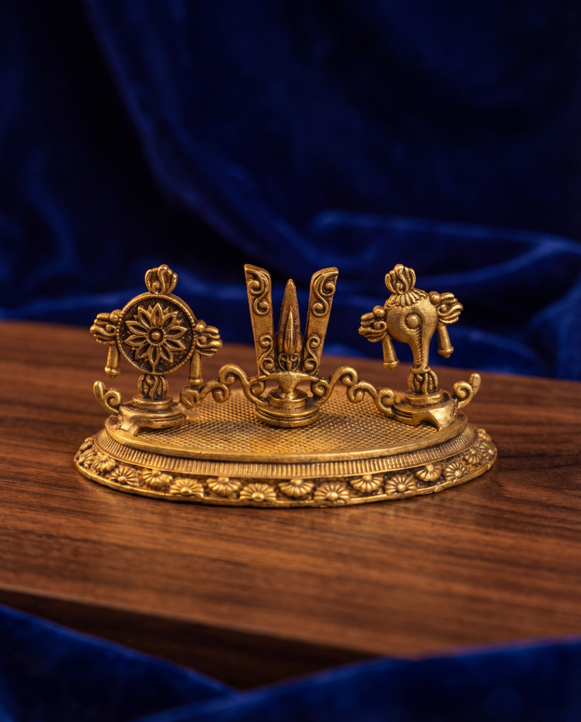 Brass Shankh Chakra Tilak Stand (Vaishnav Symbol Set)