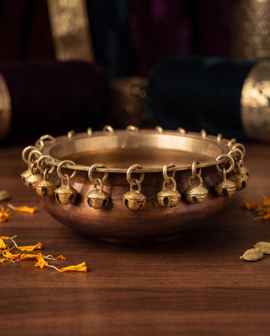Brass Urli Bowl with Decorative Bells - 6 inches Diameter