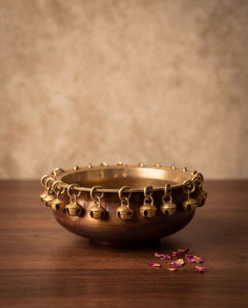 Brass Urli Bowl with Decorative Bells - 6 inches Diameter