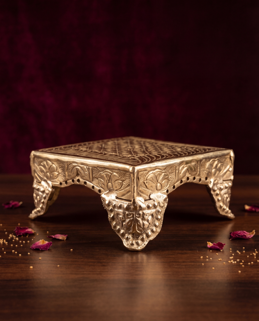Royal Brass Chowki – Premium Carved Pooja Platform - 5 inches Diameter