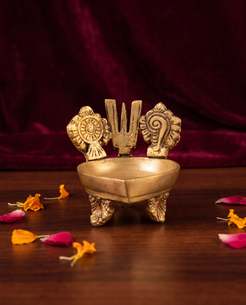 Sacred Symbol Brass Diya – Shankh Chakra Tilak Design - 3 inches