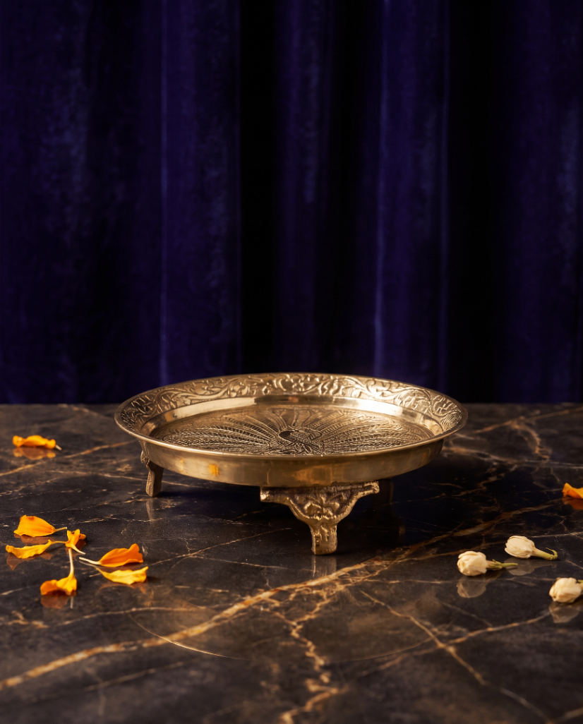 Handcrafted Brass Elevated Thali – Engraved Pooja Plate with Stand
