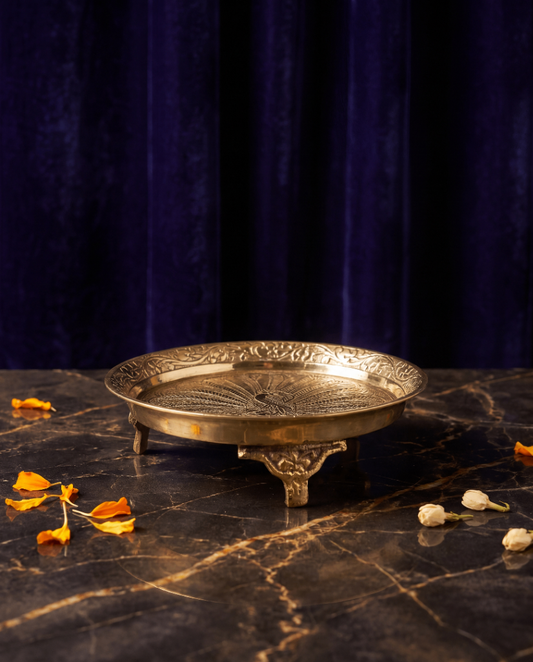 Handcrafted Brass Elevated Thali – Engraved Pooja Plate with Stand