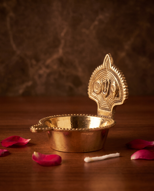 Brass Kumkum & Haldi Holder with Sacred Symbol Backrest