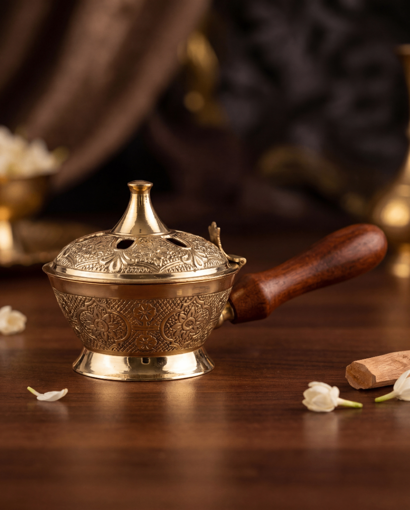 Brass Dhoop Dani with Wooden Handle – Traditional Incense Burner