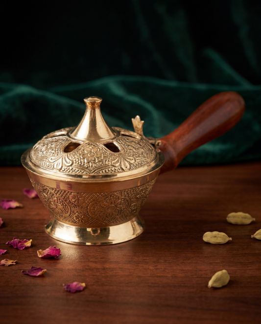 Brass Dhoop Dani with Wooden Handle – Traditional Incense Burner