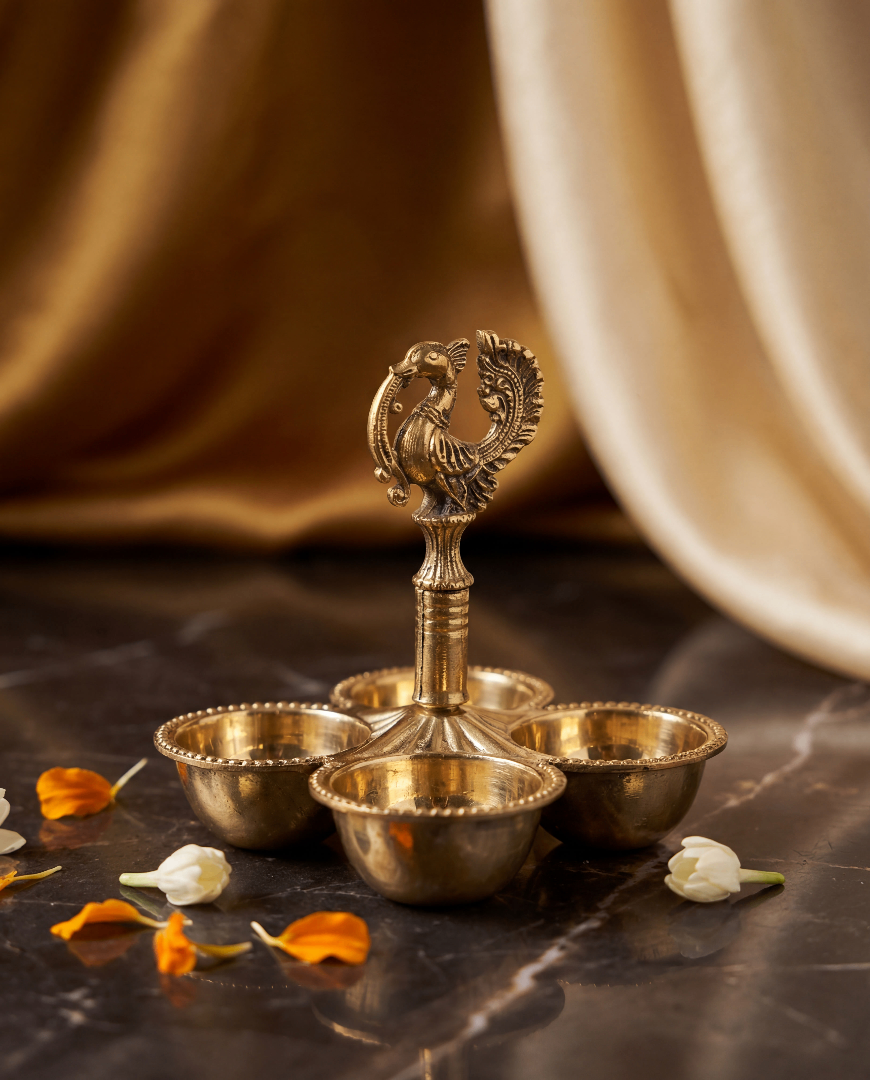 Brass Panch Aarti Diya Stand – 5 Wick Oil Lamp with Peacock Handle - 4.5 inches