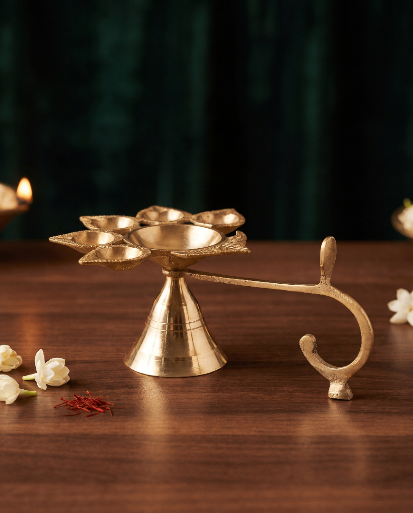 Brass Panch Aarti Diya Stand with Handle – 5 Wick Oil Lamp