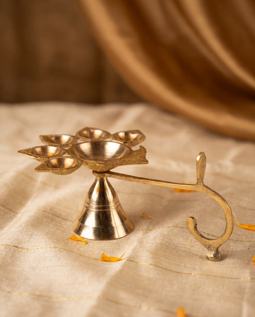 Brass Panch Aarti Diya Stand with Handle – 5 Wick Oil Lamp