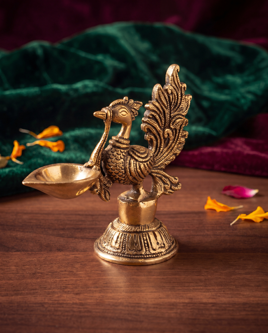 Brass Peacock Diya – Decorative Oil Lamp with Bird Design