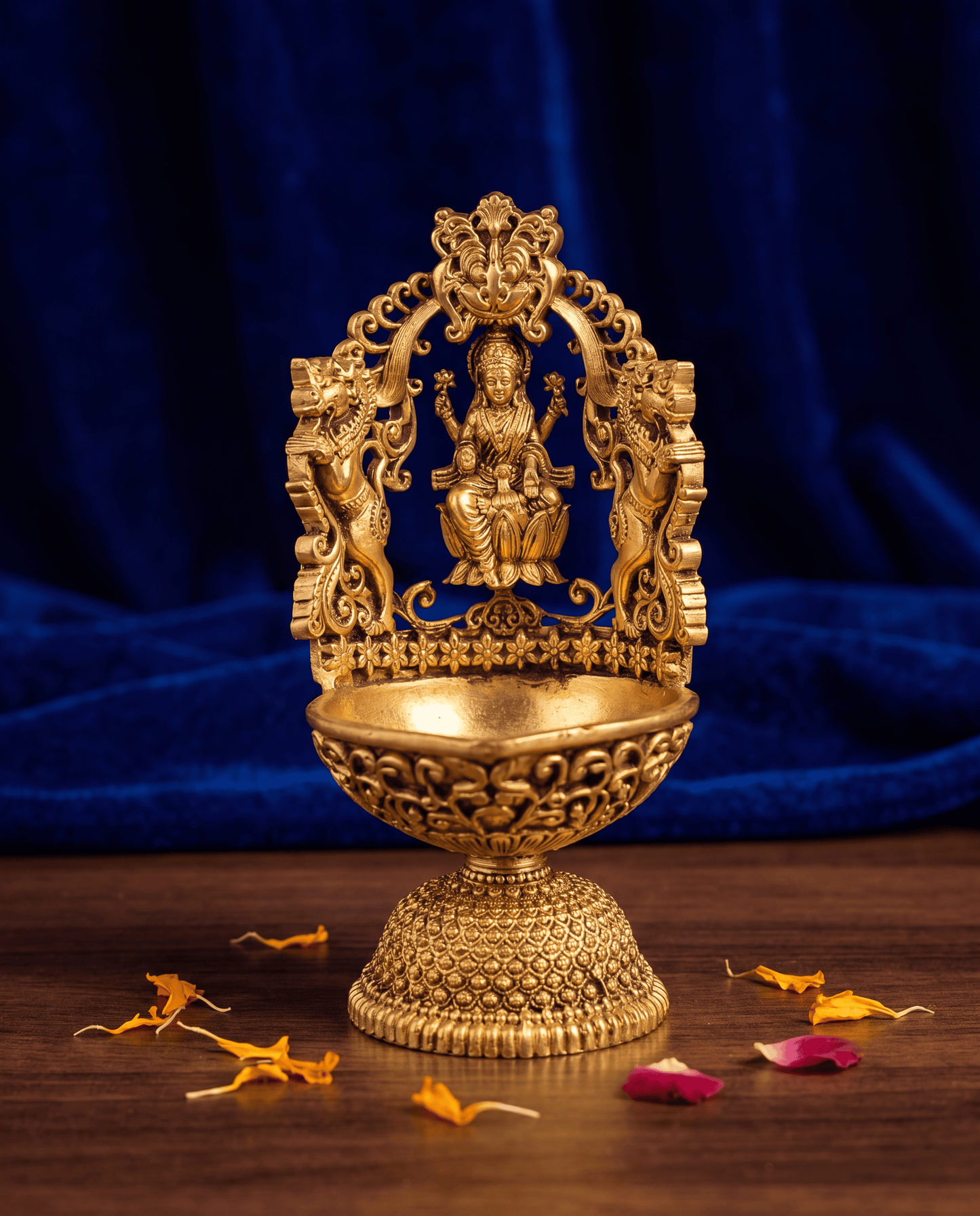 Brass Lakshmi Deepam – Ornate Pedestal Diya with Elephant Arch - 5 inches