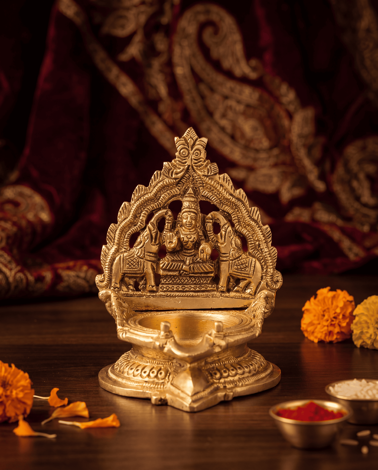 Brass Lakshmi Diya with Elephant Arch – Handcrafted Pooja Lamp - 4.5 inches