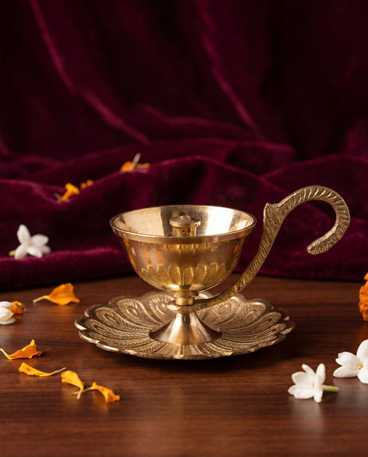 Brass Hand Diya with Plate – Traditional Aarti Lamp