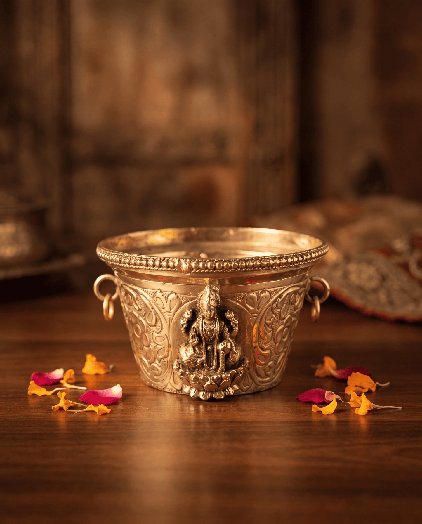 Intricate Brass Lakshmi Urli – Handcrafted Floral Engraved Bowl - 2.7 inches
