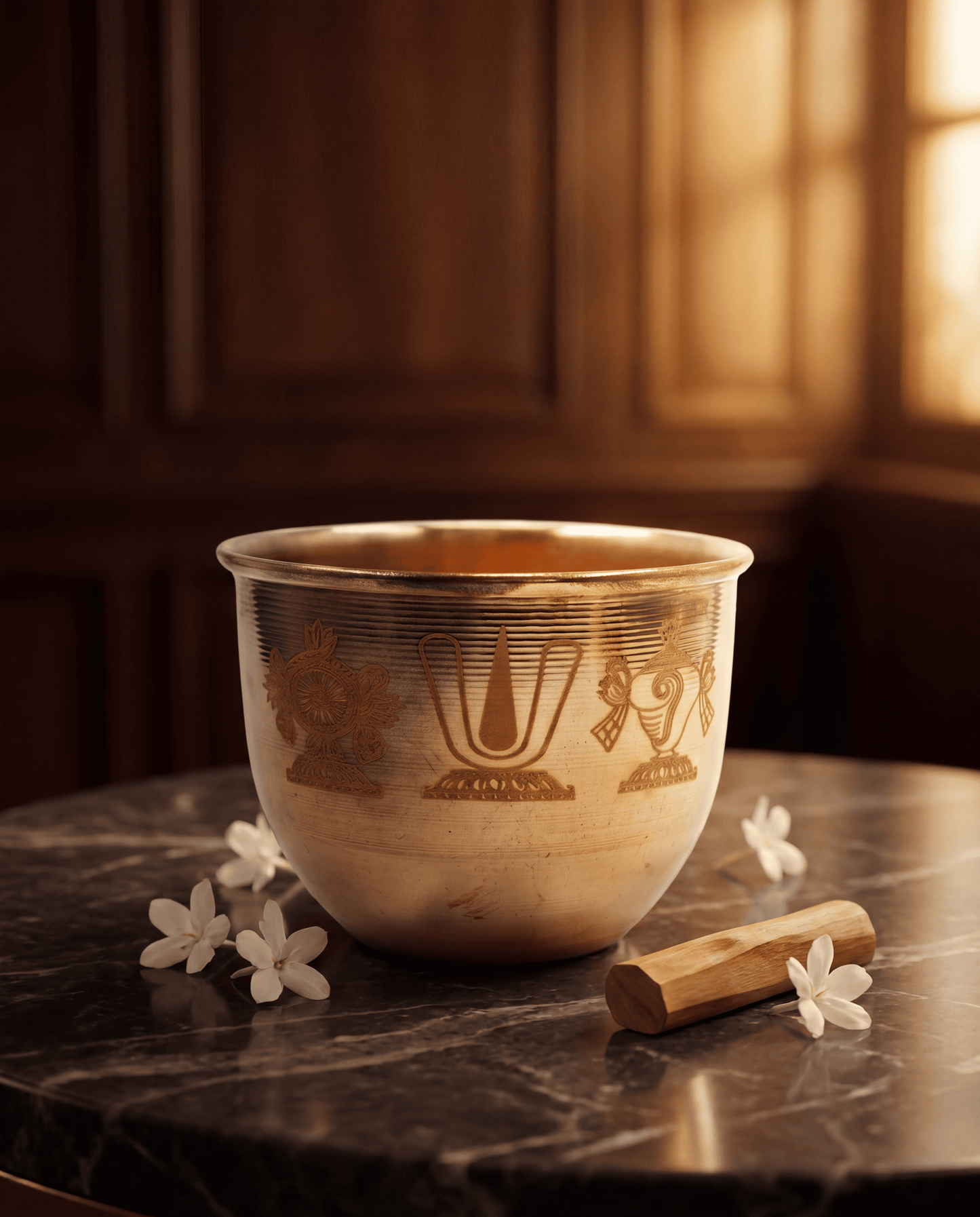 Sacred Brass Pooja Bowl with Shankh & Tilak Engraving