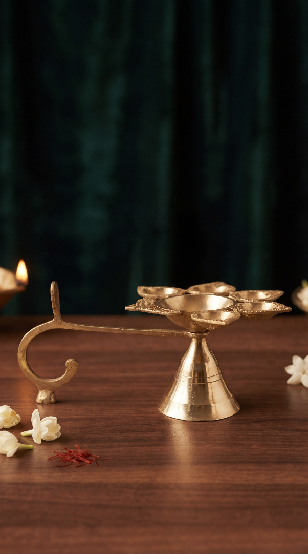 Brass Panch Aarti Diya Stand with Handle – 5 Wick Oil Lamp