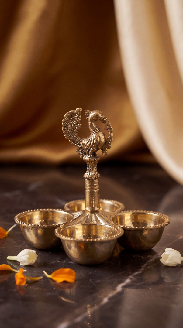 Brass Panch Aarti Diya Stand – 5 Wick Oil Lamp with Peacock Handle - 4.5 inches